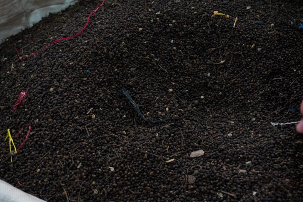An FAQ black pepper lot in a jumbo bag, before cleaning